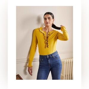 Boden Lara Frill Henley Long Sleeve Wool Blend Sweater in Olive Oil size 8